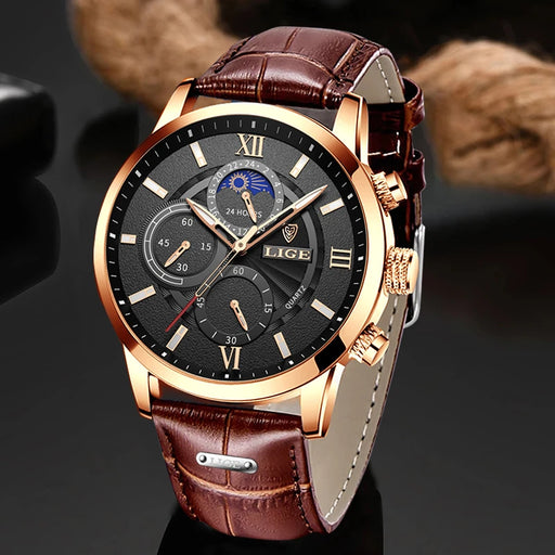 LIGE Luxury Leather Quartz Watch for Men - Waterproof Casual Sports Timepiece