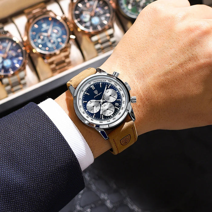 POEDAGAR Luxury Chronograph Men's Watch - Waterproof Quartz Wristwatch with Luminous Hands and Leather Band