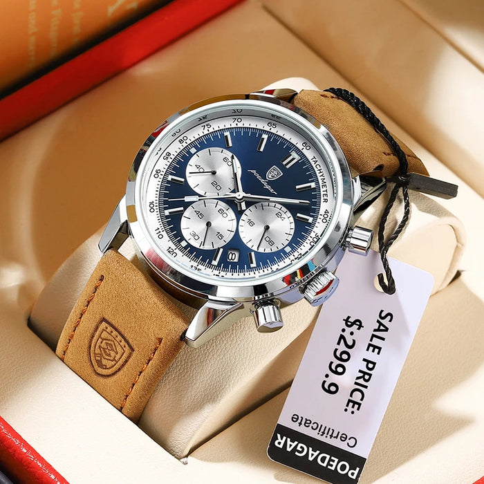 POEDAGAR Luxury Chronograph Men's Watch - Waterproof Quartz Wristwatch with Luminous Hands and Leather Band
