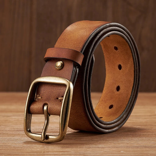Retro Luxury Men's Genuine Leather Belt - Thick Cowhide with Copper Pin Buckle for Jeans